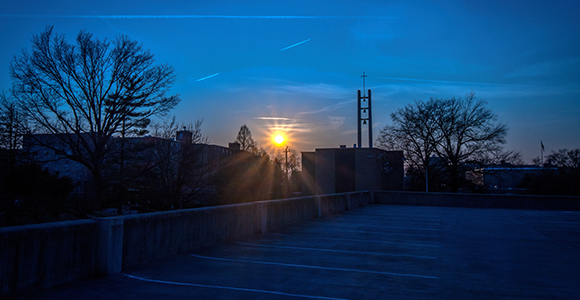 Mount St. Joseph University parking lot at night.