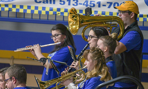 MSJ pep band playing ensemble in Harrington gym.